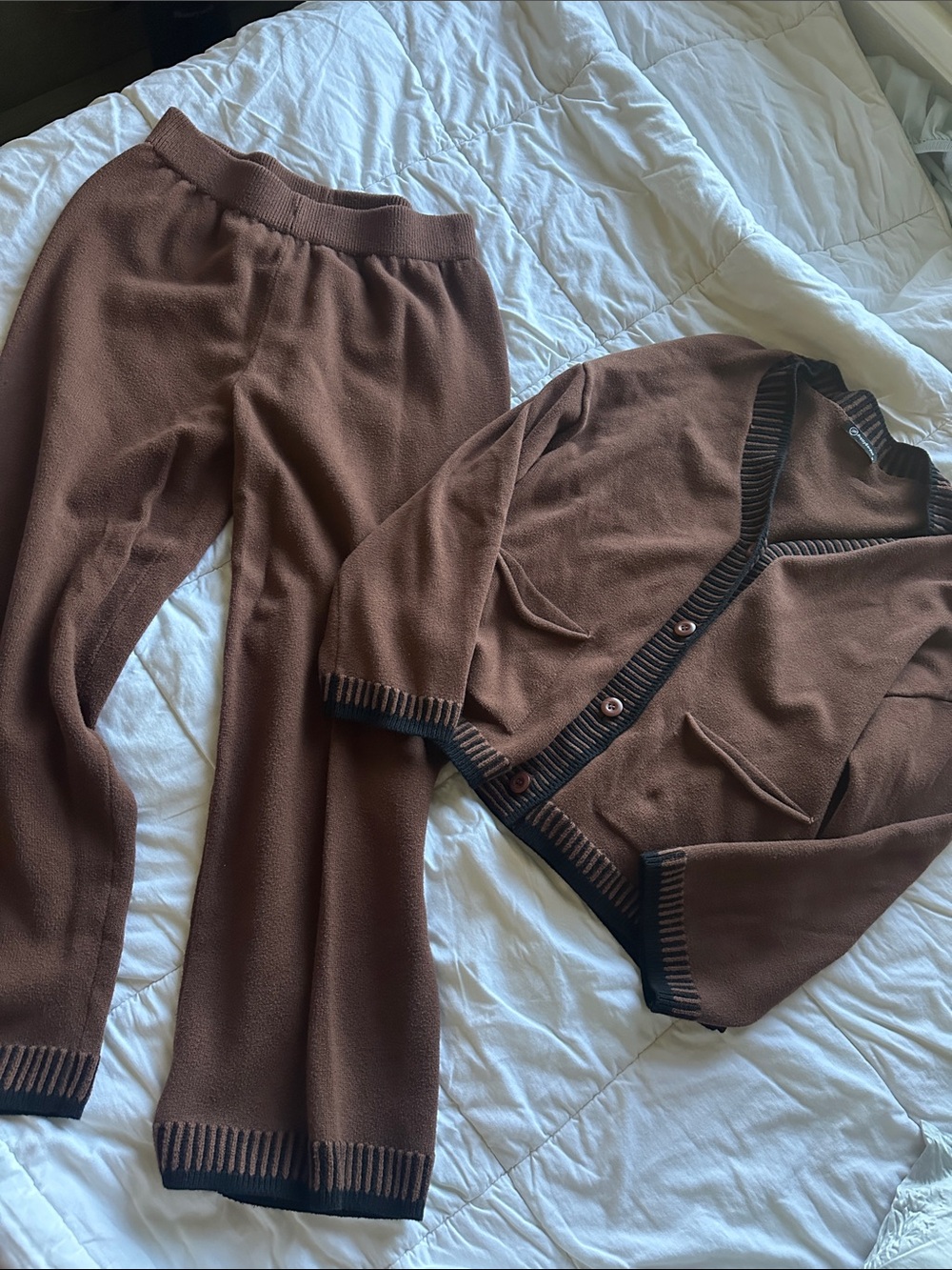Brown Knit Cardigan and Pants Set - Women's Jacket & Coat